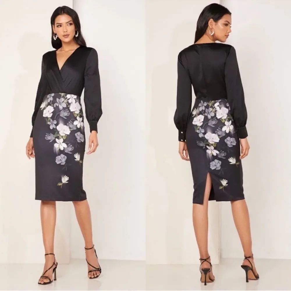 Ted Baker 5/14 Opal Alithea Black Floral V Neck Long Sleeve Bodycon Midi Dress
